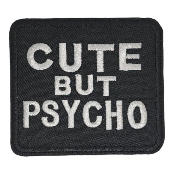 Black and White Embroidered Word Patch "Cute But Psycho" Iron-on or Sew-on - Picture 1 of 3